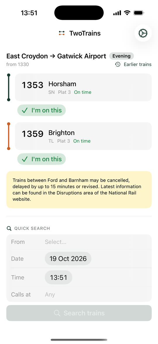 Two Trains on iPhone: the East Croydon to Gatwick Airport commute, with the 13:53 to Horsham and the 13:59 to Brighton both on time, and a disruption notice below