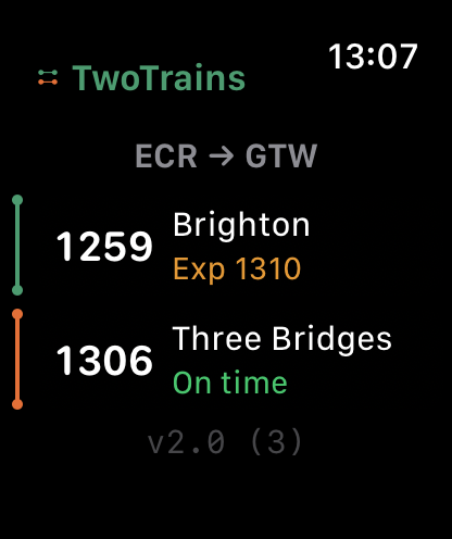 Two Trains on Apple Watch: the same commute, with the 12:59 to Brighton expected at 13:10 and the 13:06 to Three Bridges on time