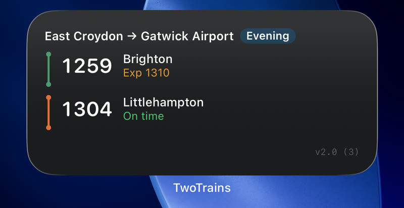 Two Trains widget on the iPhone home screen, showing the next two departures from East Croydon to Gatwick Airport